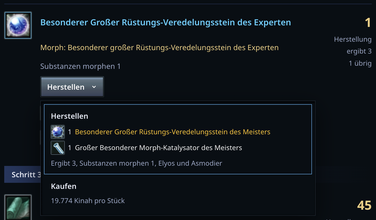 Der Schritt für den Experten-Rüstungsstein mit geöffneter Auswahl: Herstellung aus dem Meister-Rüstungsstein oder Kauf für jeweils 19774 Kinah