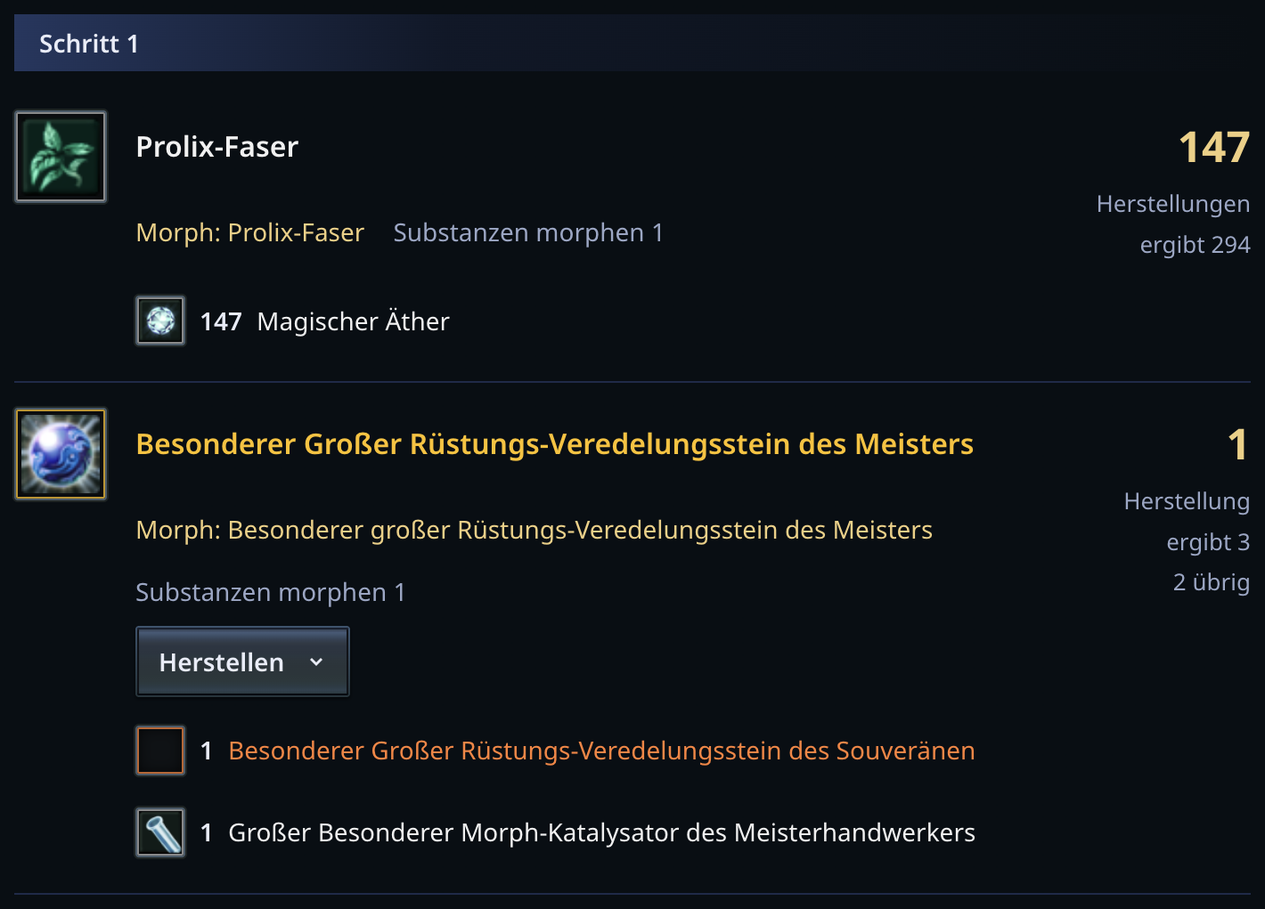 Schritt 1 des Herstellungsplaners für Prolix-Stoffschuhe des Experten: 147 Vorgänge für Prolix-Fasern ergeben 294 Fasern; ein Vorgang für den Meister-Rüstungsstein ergibt 3 und lässt 2 übrig