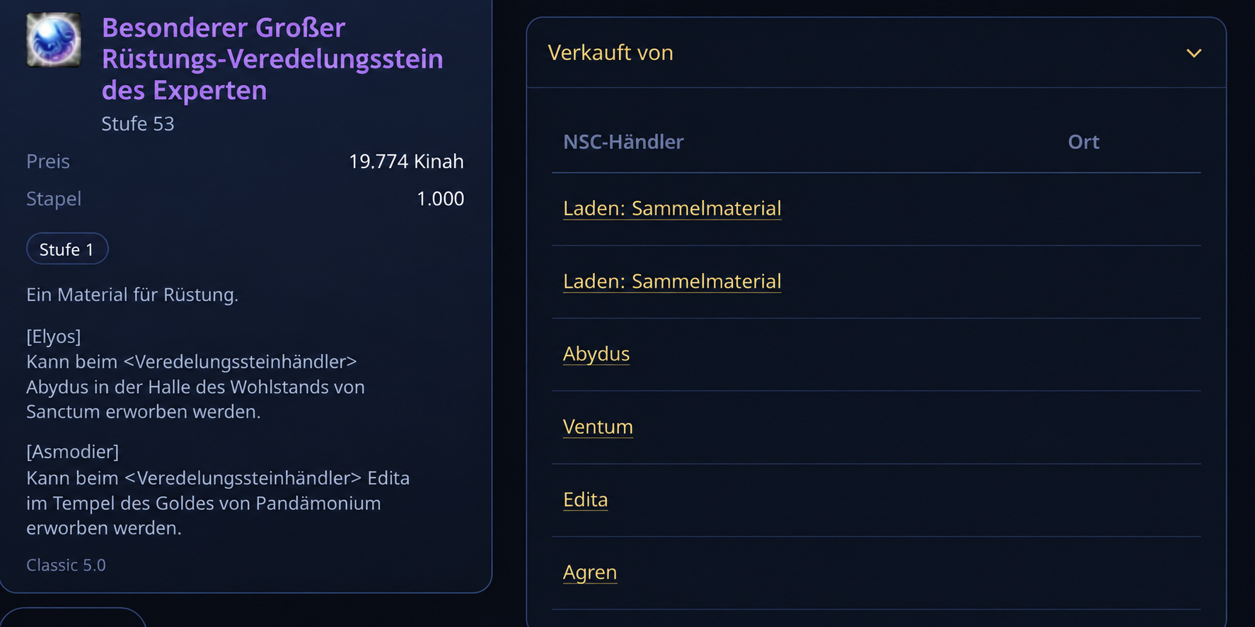 Der Abschnitt Verkauft von des Experten-Rüstungssteins mit Abydus, Edita und den weiteren NPCs, die ihn verkaufen