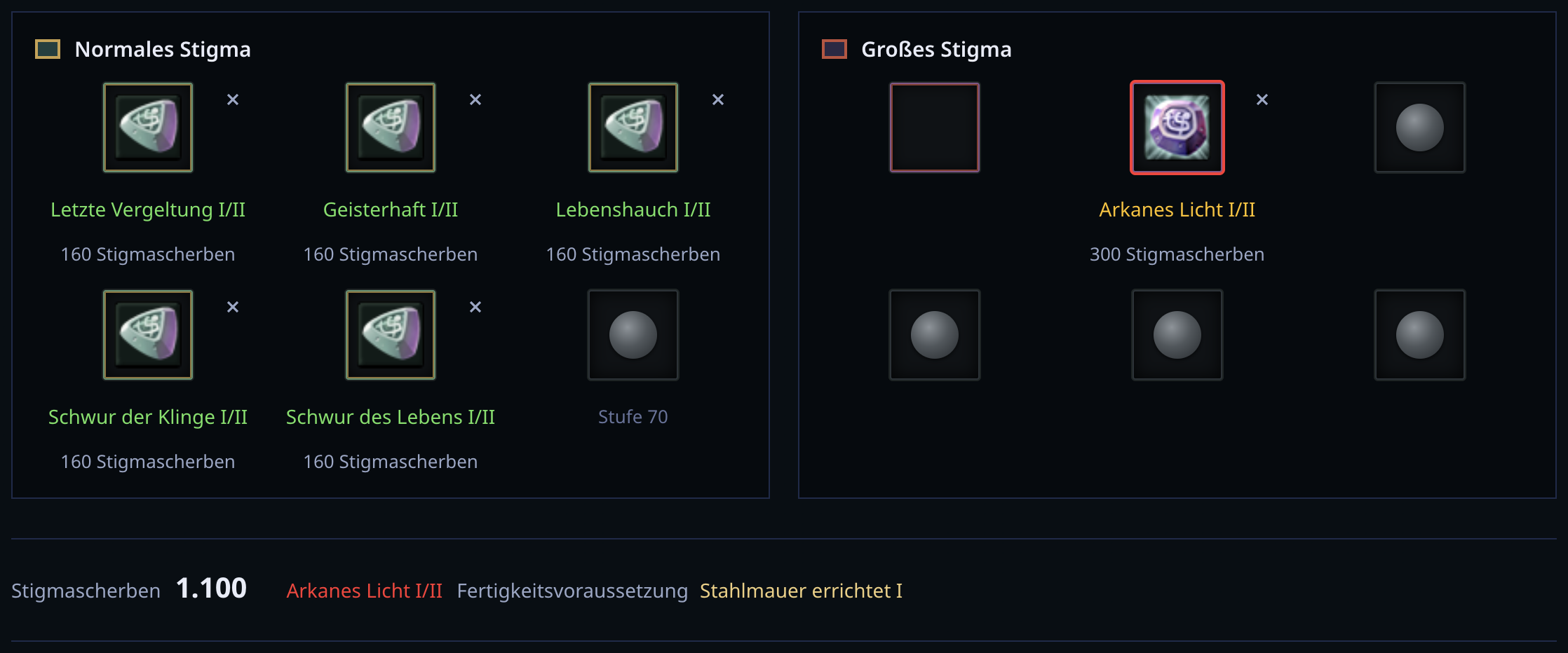 Arkanes Licht I/II ohne Stahlmauer errichtet I/II ausgerüstet; die fehlende vorausgesetzte Fertigkeit wird neben den Gesamtkosten genannt