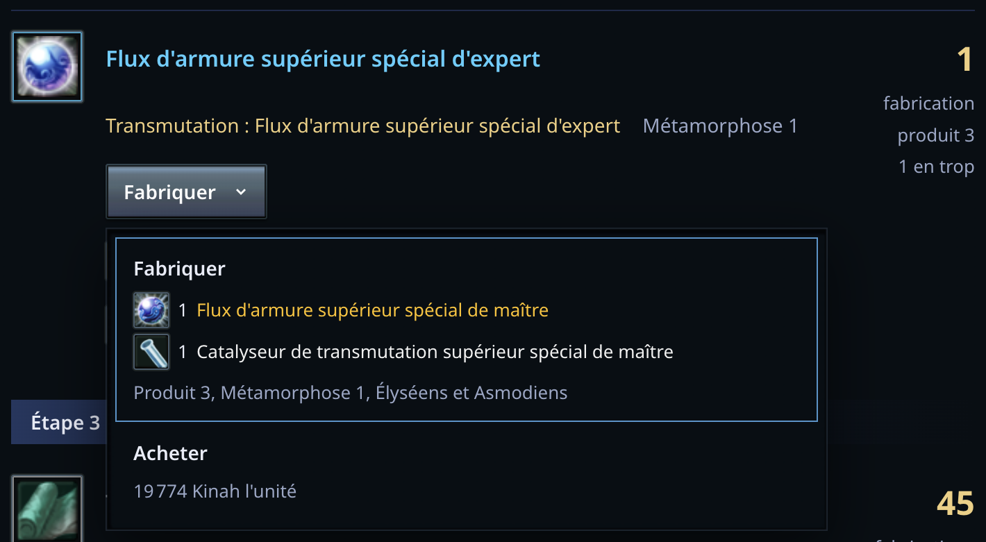 L’étape du flux d’expert avec le choix ouvert : le fabriquer à partir du flux de maitre ou l’acheter pour 19774 Kinahs l’unité