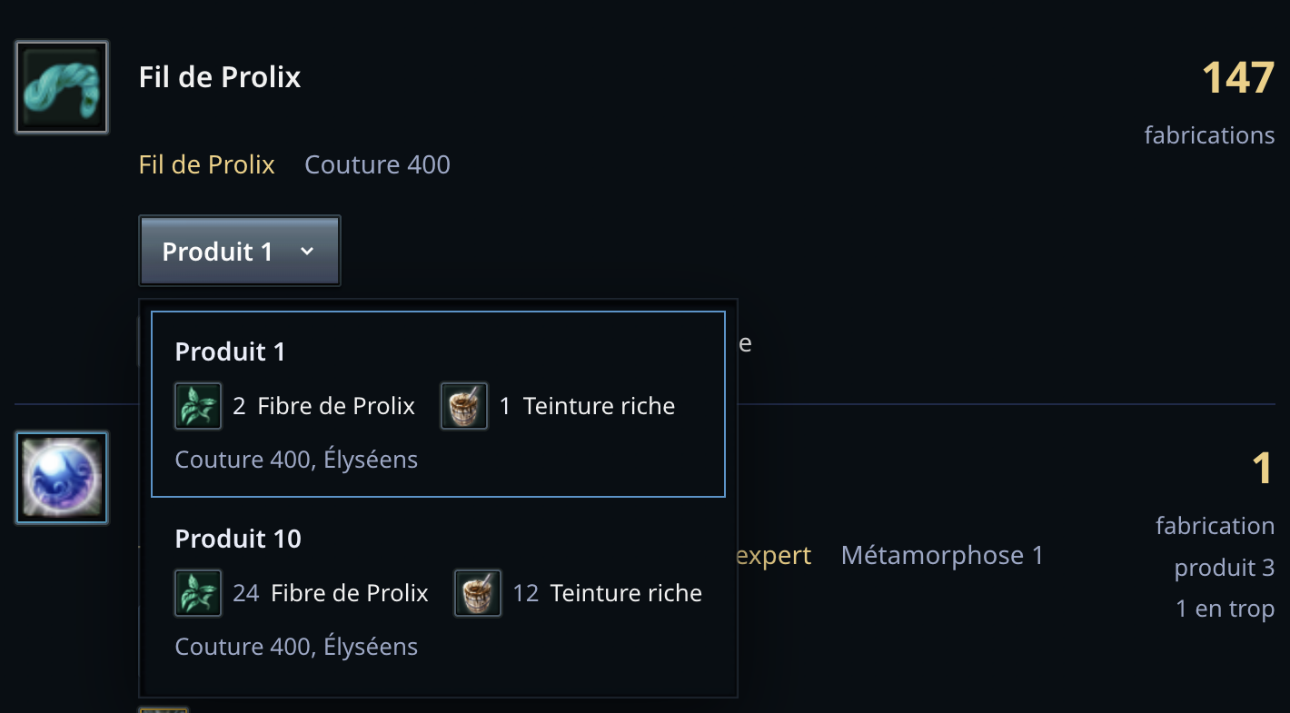 Le choix de recette du Fil de prolix ouvert dans le planificateur, avec la recette produisant un fil et celle produisant dix fils
