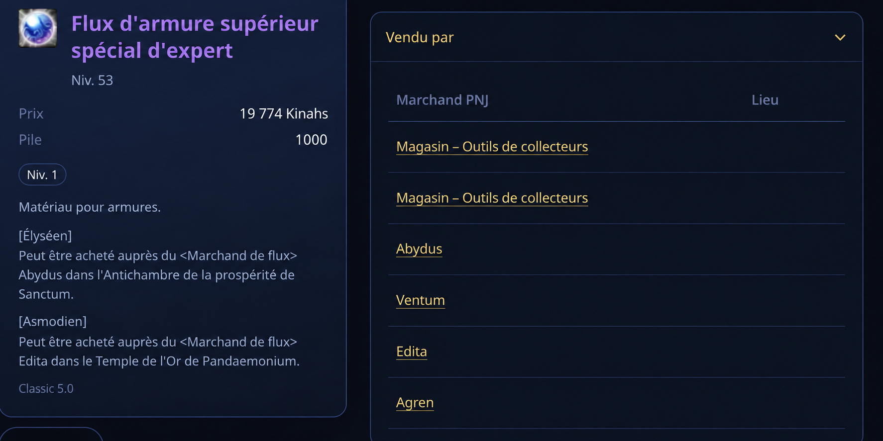 La section Vendu par du flux d’expert avec Abydus, Edita et les autres PNJ qui le vendent