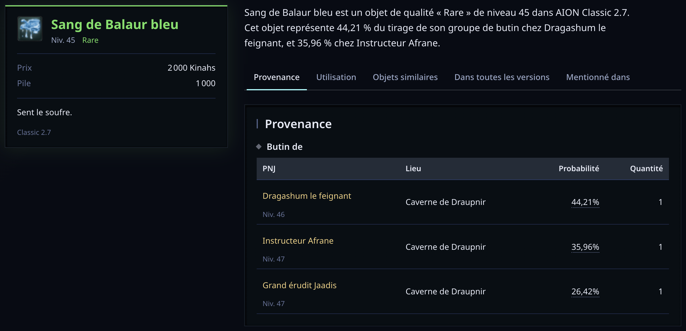 La page du Sang de Balaur bleu avec la liste Butin de ouverte. Dragashum le feignant, niveau 46, affiche 44,21 pour cent devant l’Instructeur Afrane et le Grand érudit Jaadis, niveau 47