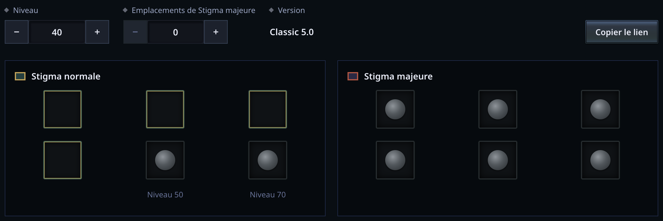 Le planificateur de compétences et de stigmas au niveau 40. Quatre emplacements normaux sont ouverts, les cinquième et sixième indiquent leurs niveaux d’ouverture