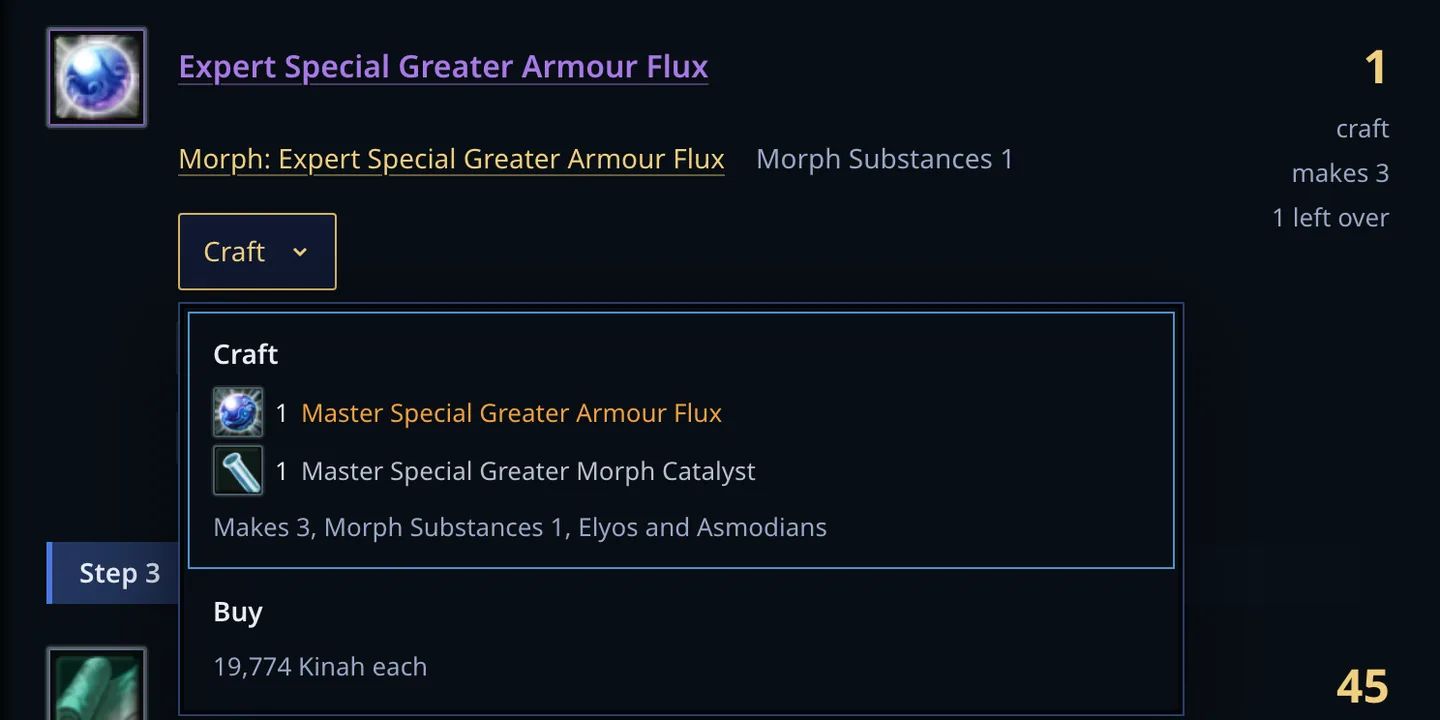 The Expert Special Greater Armour Flux step with its choice open, offering to craft it from Master Special Greater Armour Flux or to buy it at 19,774 Kinah each