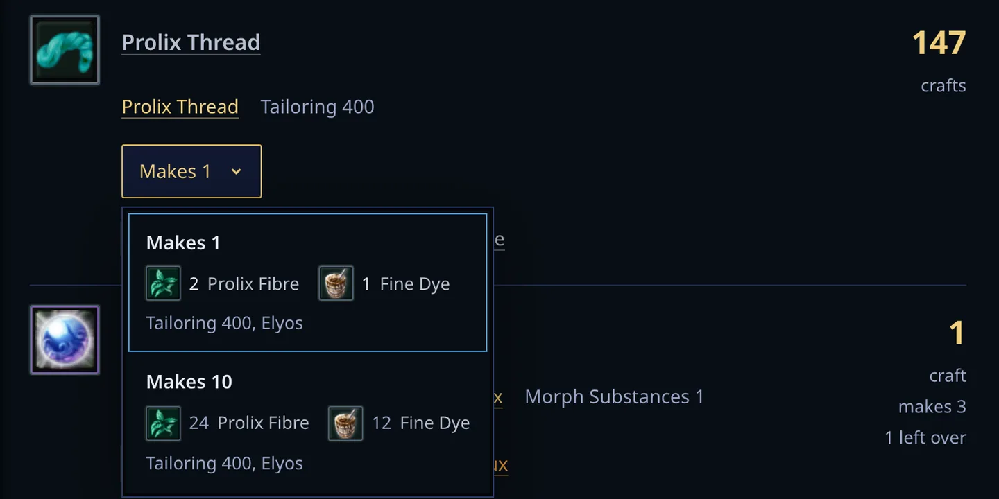 The recipe choice of Prolix Thread open in the crafting planner, with the recipe that makes one and the bulk recipe that makes ten