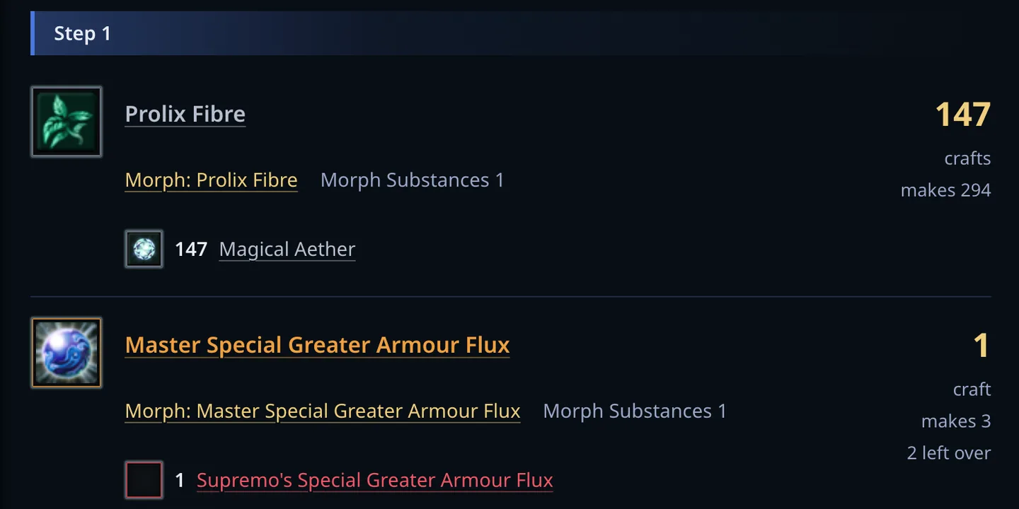 Step 1 of the crafting planner for Expert Prolix Cloth Shoes, with 147 crafts of Prolix Fibre that make 294 and one craft of Master Special Greater Armour Flux that makes 3 and leaves 2 over