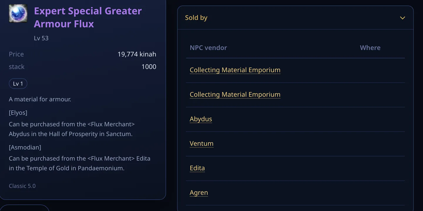 The Sold by section of Expert Special Greater Armour Flux with Abydus, Edita and the other NPCs that sell it