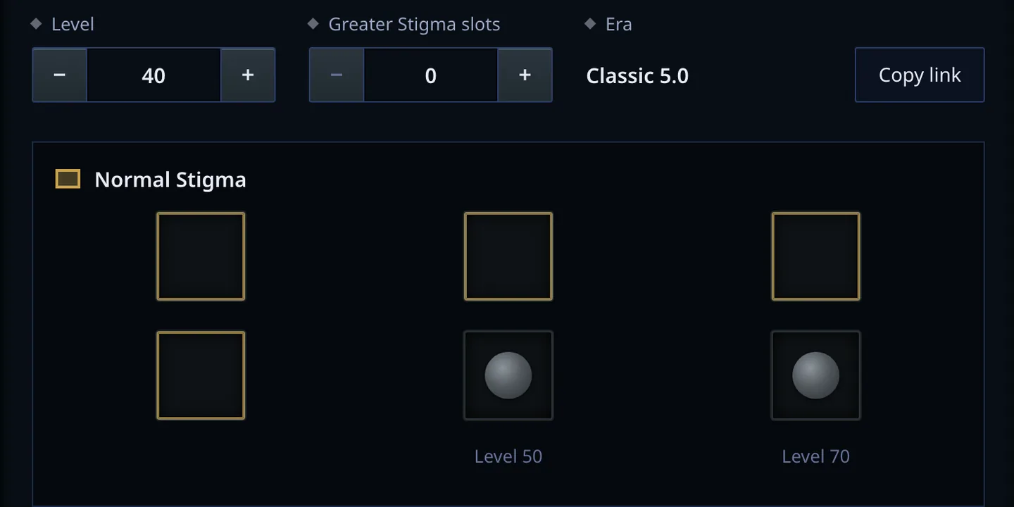 The skill and stigma builder at level 40 with four Normal Stigma slots open and the fifth and sixth marked with the levels that open them