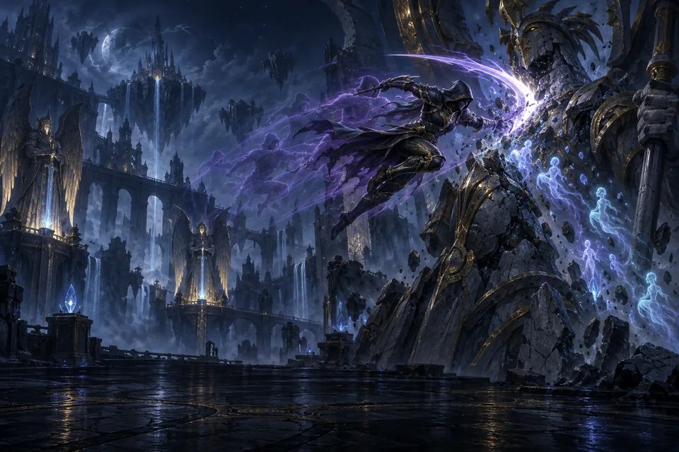 A hooded fighter trailing violet afterimages cuts a colossal stone guardian with a curved blade of pale light while ghostly figures stream out of the impact