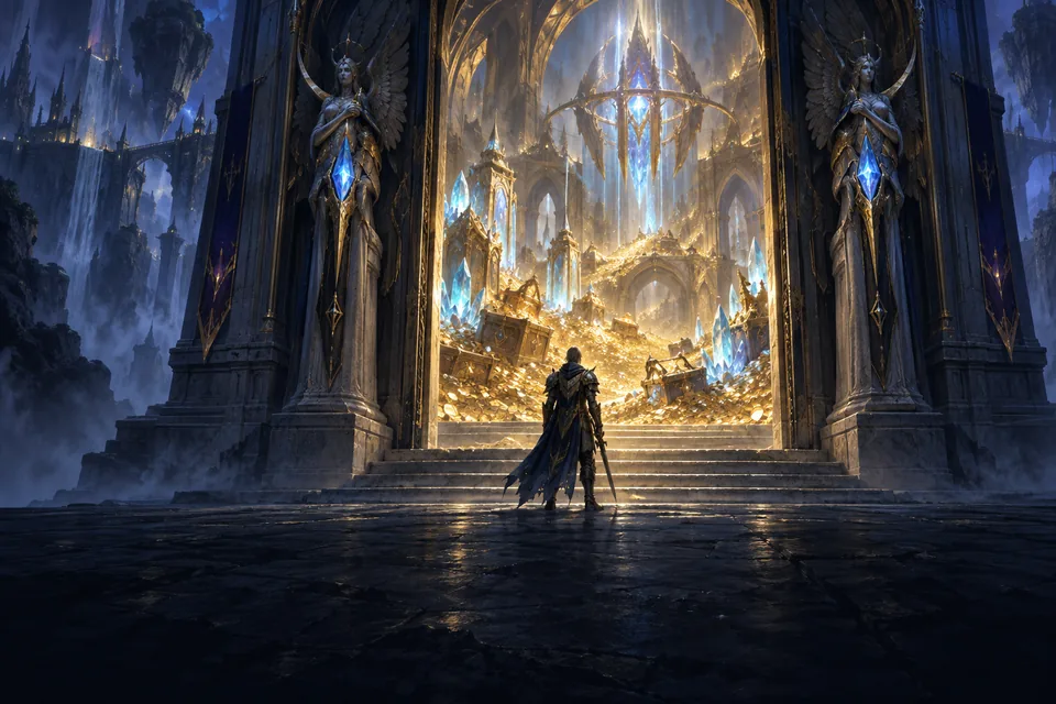A vault of gold and crystal beneath a colossal stone door, lit from within, with a lone fighter at its threshold