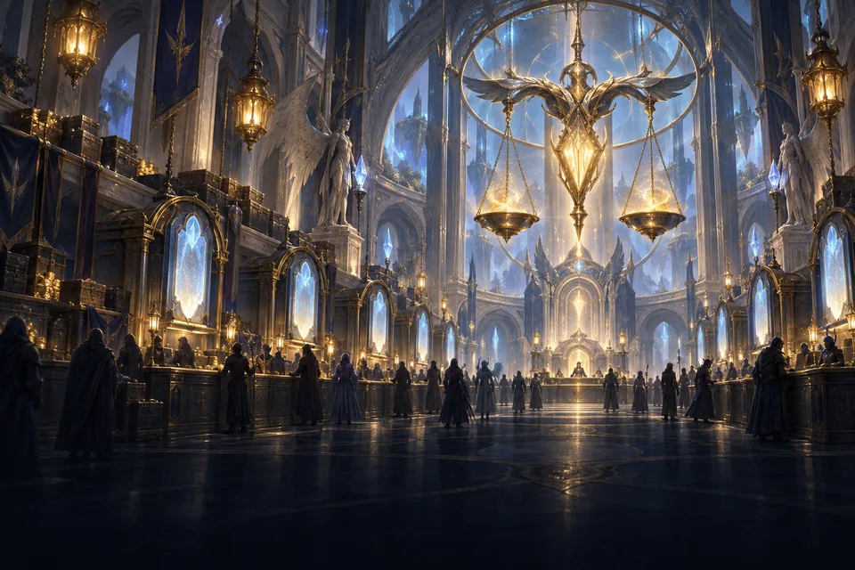 A vast auction hall of pale stone and brass with lantern-lit counters, a golden scale overhead and a crowd of silhouettes