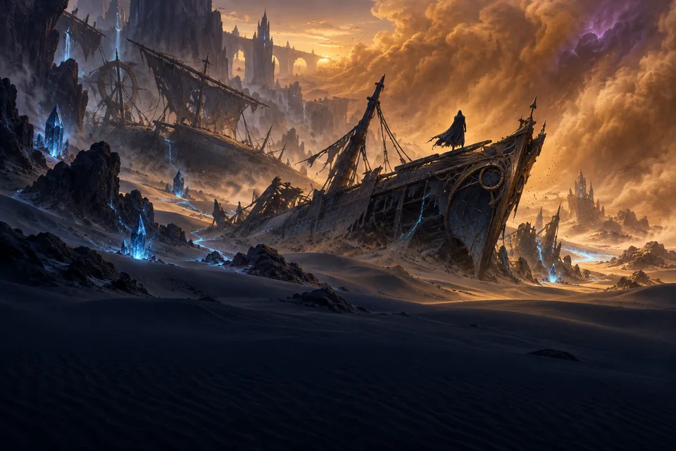 A sandstorm rolling over ruined battleships in a desert canyon at dusk